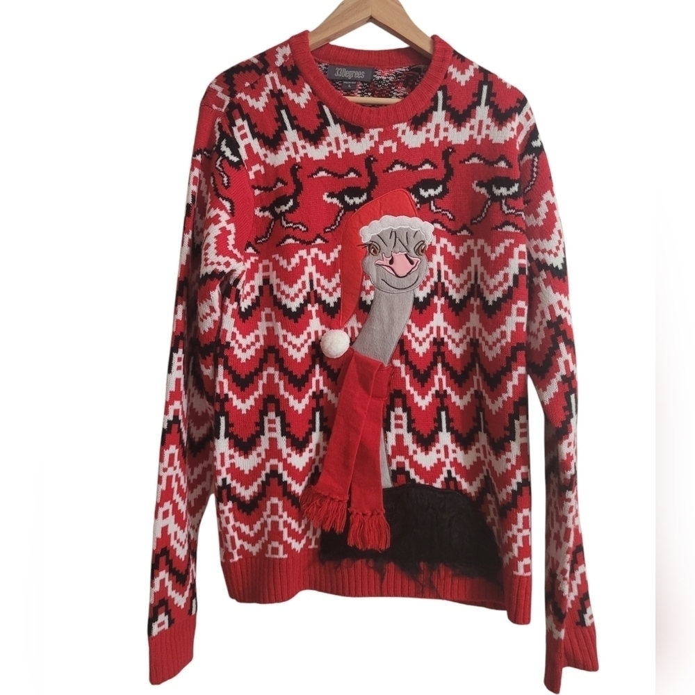 NWOT Women's Ugly Christmas Sweater Size Large Ostrich Santa W/ Fur Red